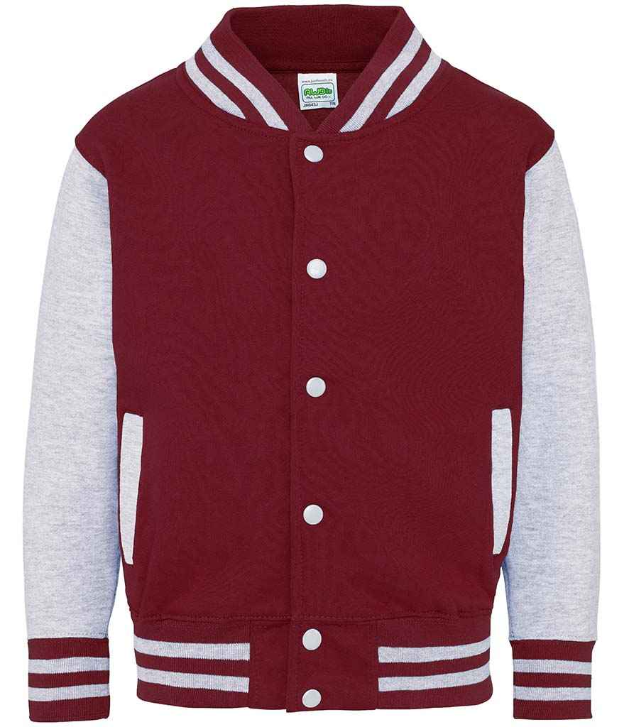 AWDis Kids Varsity Jacket | Burgundy/Heather Grey - Just Hoods - Lancashire Teamwear