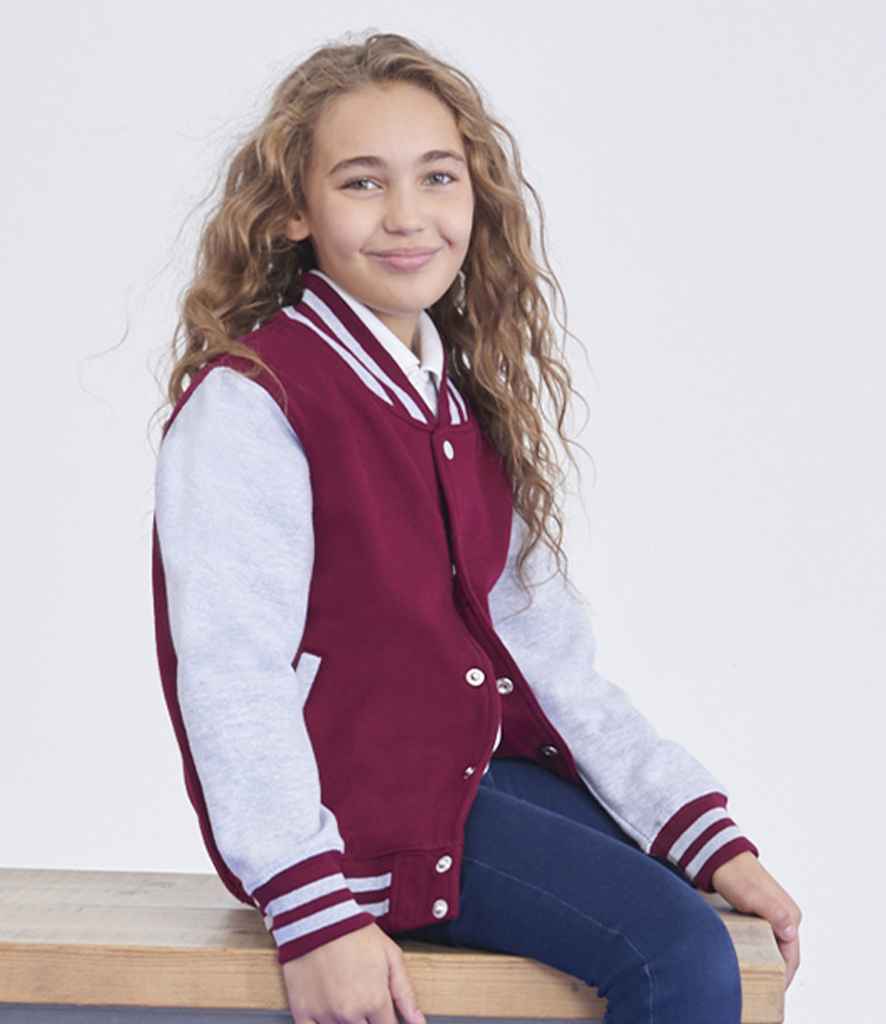 AWDis Kids Varsity Jacket | Burgundy/Heather Grey - Just Hoods - Lancashire Teamwear