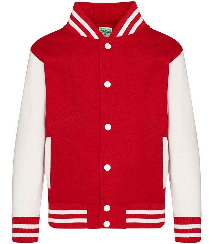 AWDis Kids Varsity Jacket | Fire Red/White - Just Hoods - Lancashire Teamwear