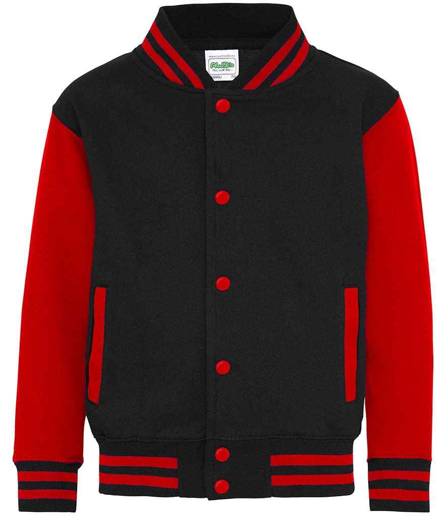 AWDis Kids Varsity Jacket | Jet Black/Fire Red - Just Hoods - Lancashire Teamwear