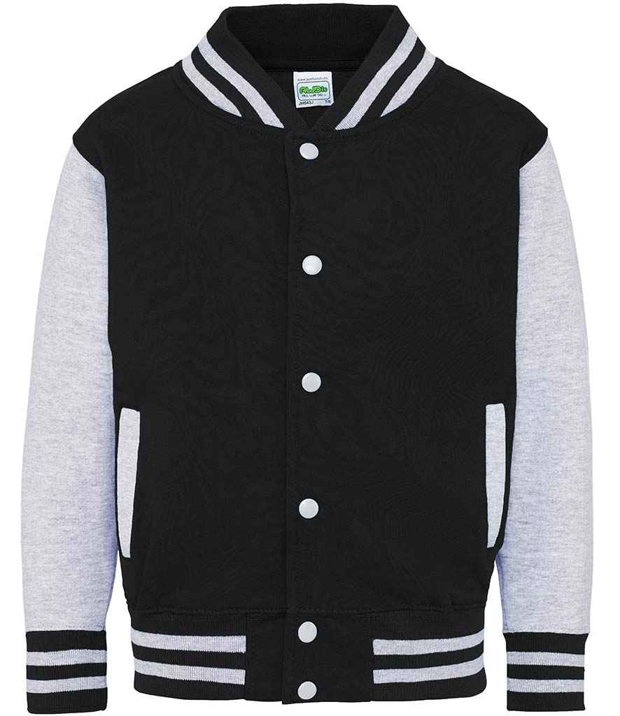 AWDis Kids Varsity Jacket | Jet Black/Heather Grey - Just Hoods - Lancashire Teamwear