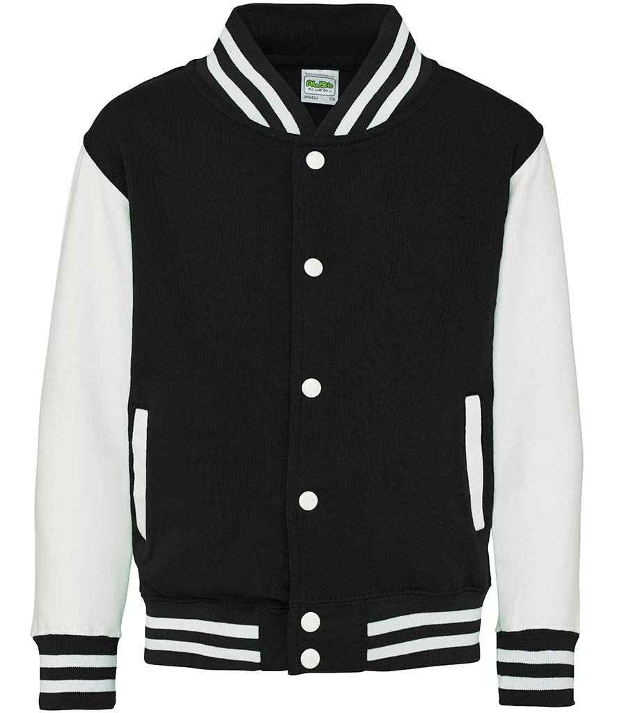 AWDis Kids Varsity Jacket | Jet Black/White - Just Hoods - Lancashire Teamwear