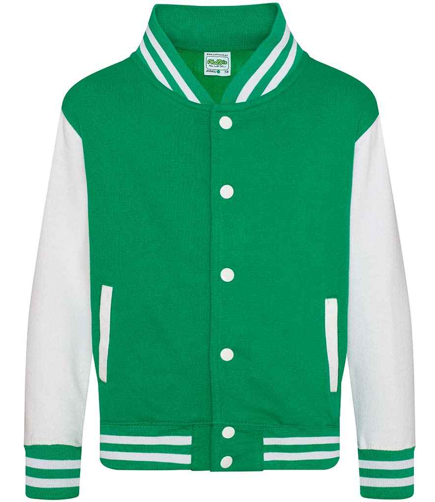 AWDis Kids Varsity Jacket | Kelly Green/White - Just Hoods - Lancashire Teamwear
