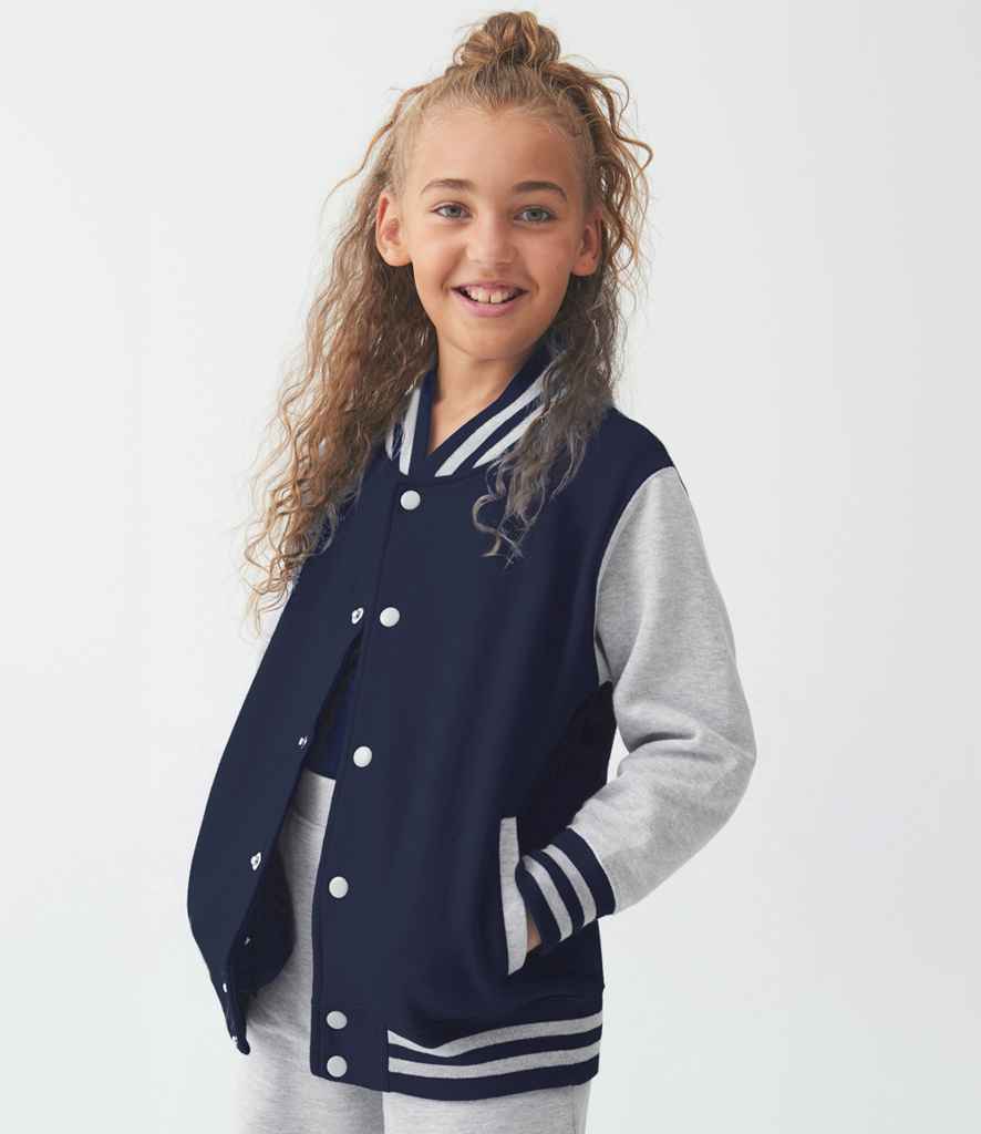 AWDis Kids Varsity Jacket | Oxford Navy/Heather Grey - Just Hoods - Lancashire Teamwear