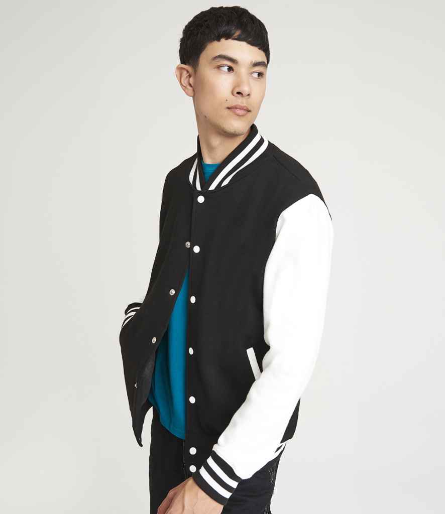 AWDis Varsity Jacket | Jet Black/White - Just Hoods - Lancashire Teamwear