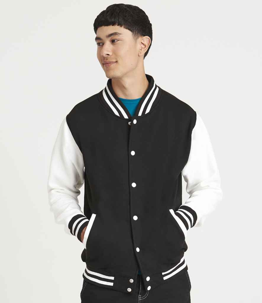 AWDis Varsity Jacket | Jet Black/White - Just Hoods - Lancashire Teamwear