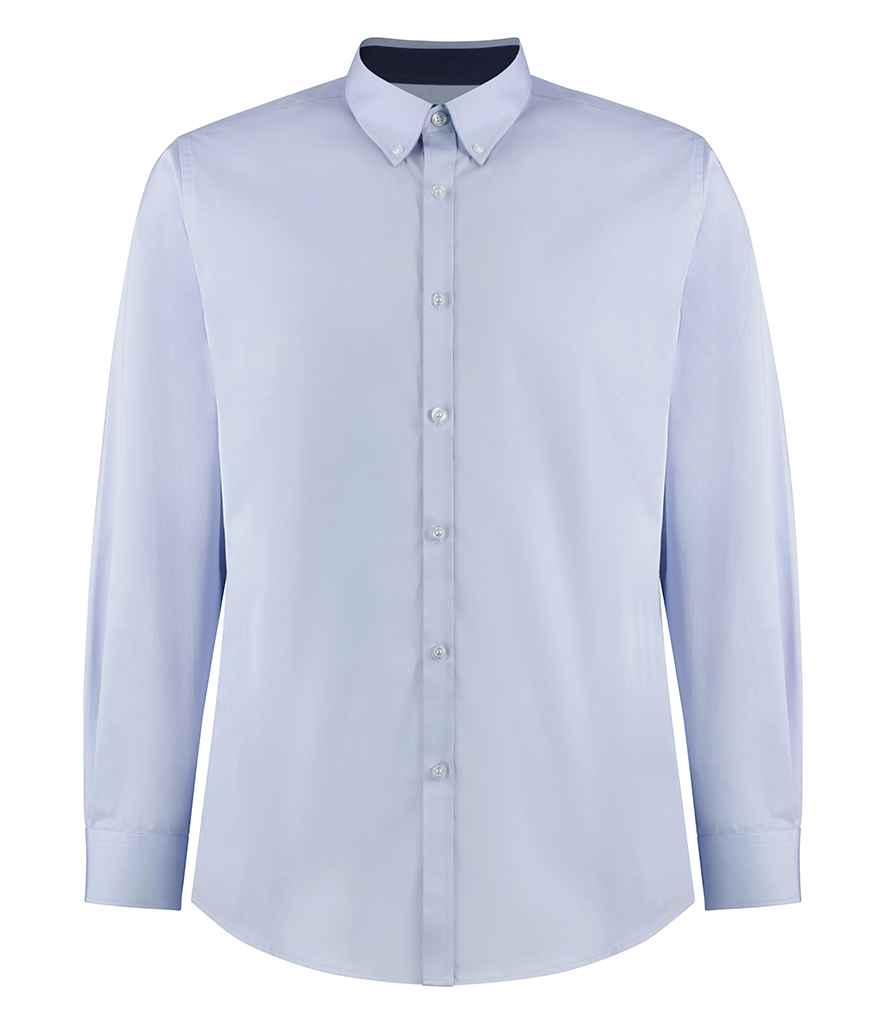 Kustom Kit Premium Long Sleeve Contrast Tailored Oxford Shirt Light Blue/Navy