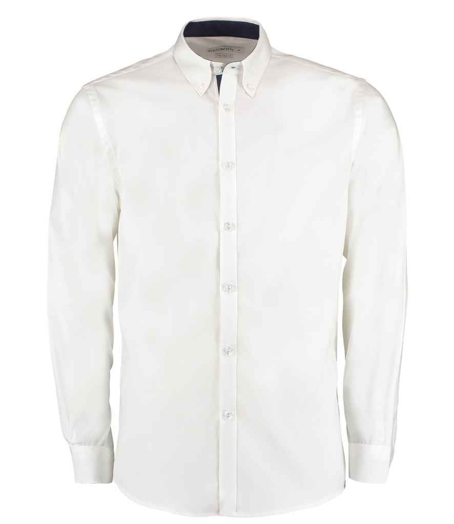 Kustom Kit Premium Long Sleeve Contrast Tailored Oxford Shirt White/Navy