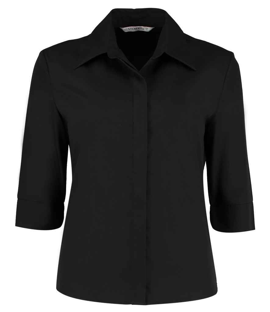 Kustom Kit Ladies 3/4 Sleeve Tailored Continental Shirt Black