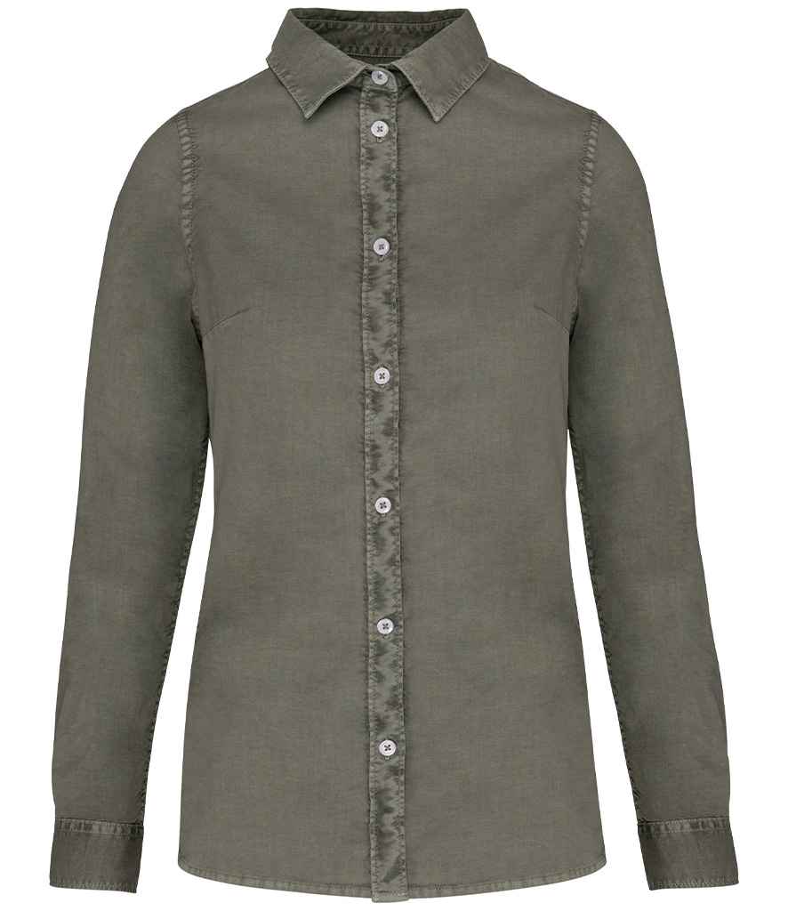Native Spirit Ladies Washed Long Sleeve Shirt Washed Pale Khaki