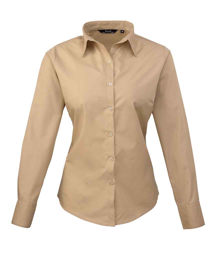 Premier Ladies Long Sleeve Poplin Blouse | Khaki Khaki