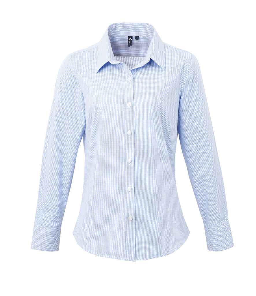 Premier Ladies Gingham Long Sleeve Shirt Light Blue/White