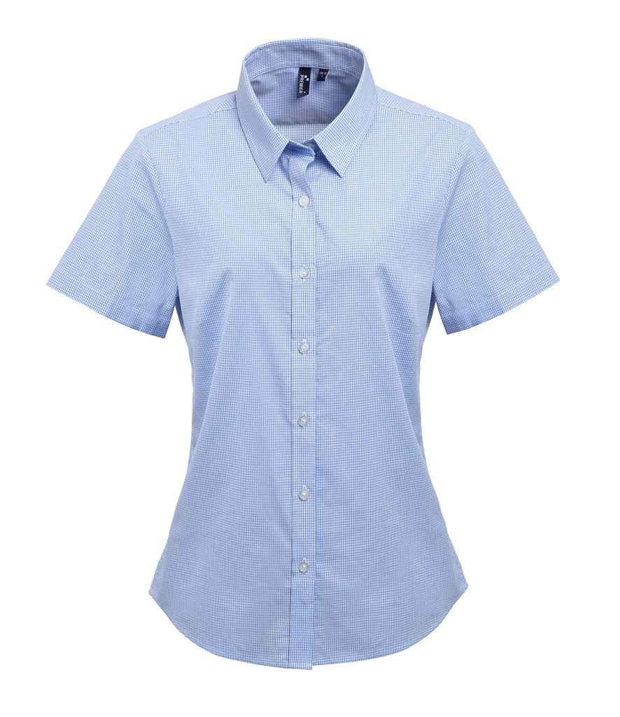Premier Ladies Gingham Short Sleeve Shirt Light Blue/White