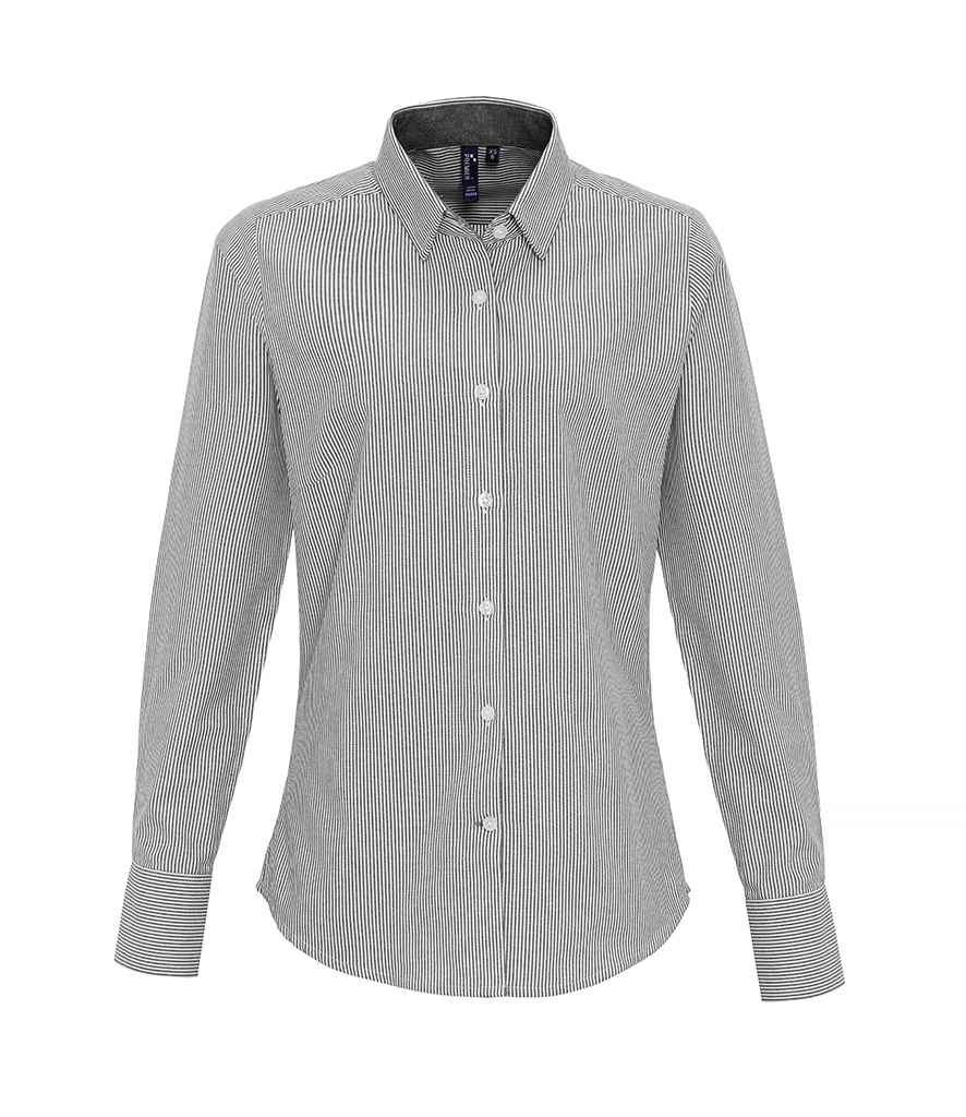 Premier Ladies Long Sleeve Striped Oxford Shirt White/Grey