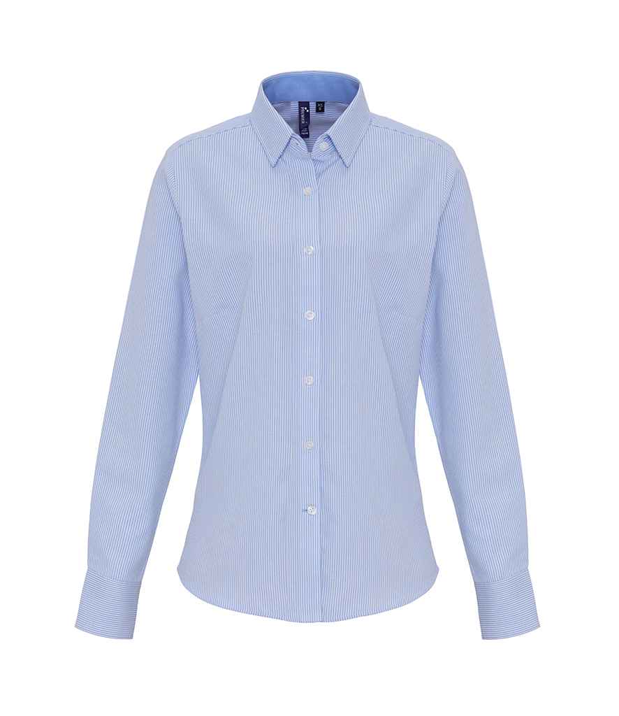 Premier Ladies Long Sleeve Striped Oxford Shirt White/Oxford Blue