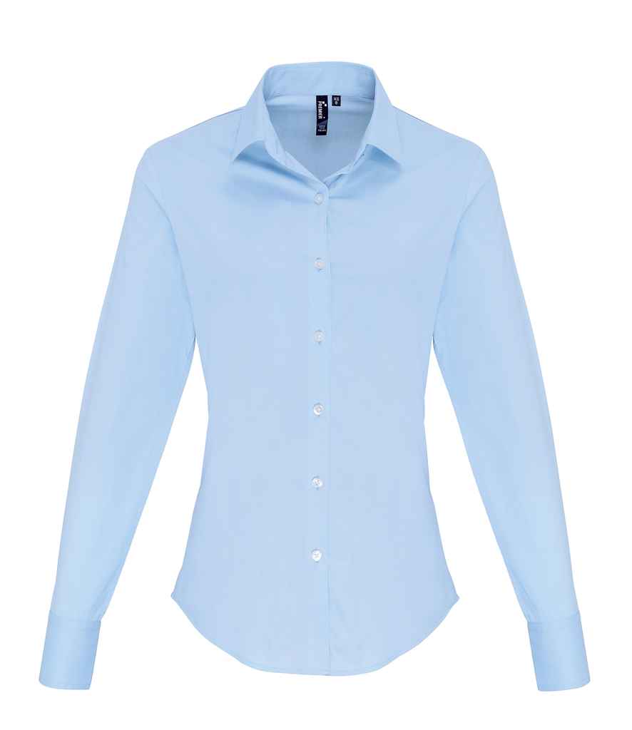 Premier Ladies Long Sleeve Stretch Fit Poplin Shirt Pale Blue