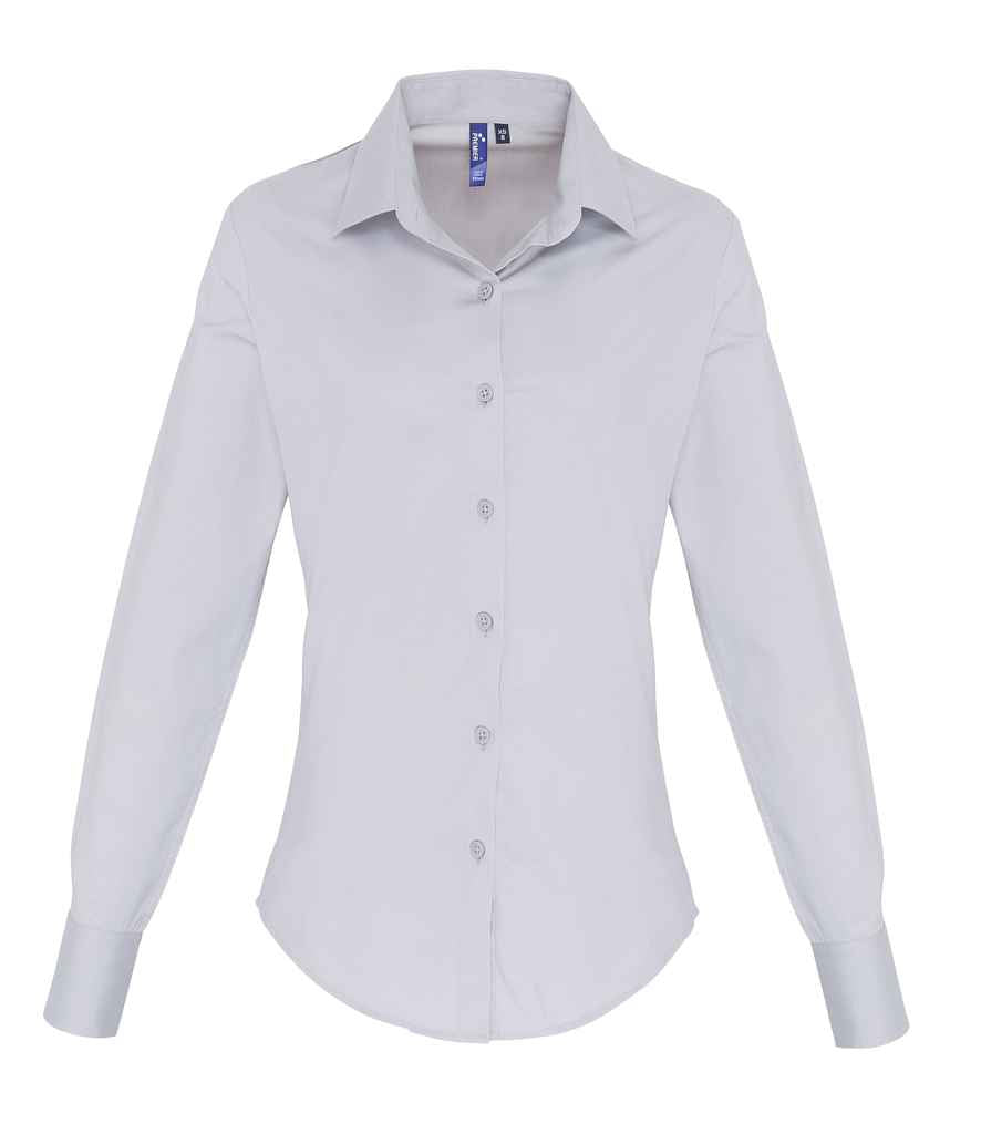 Premier Ladies Long Sleeve Stretch Fit Poplin Shirt Silver