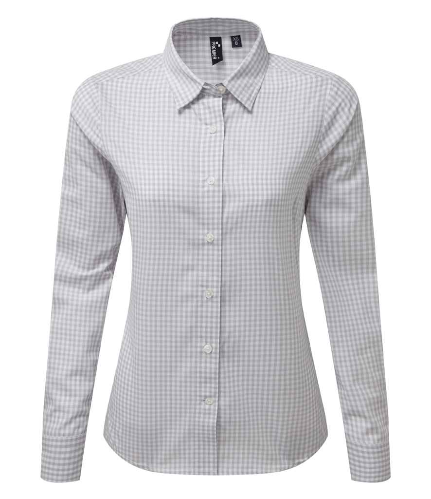 Premier Ladies Maxton Check Long Sleeve Shirt Silver/White
