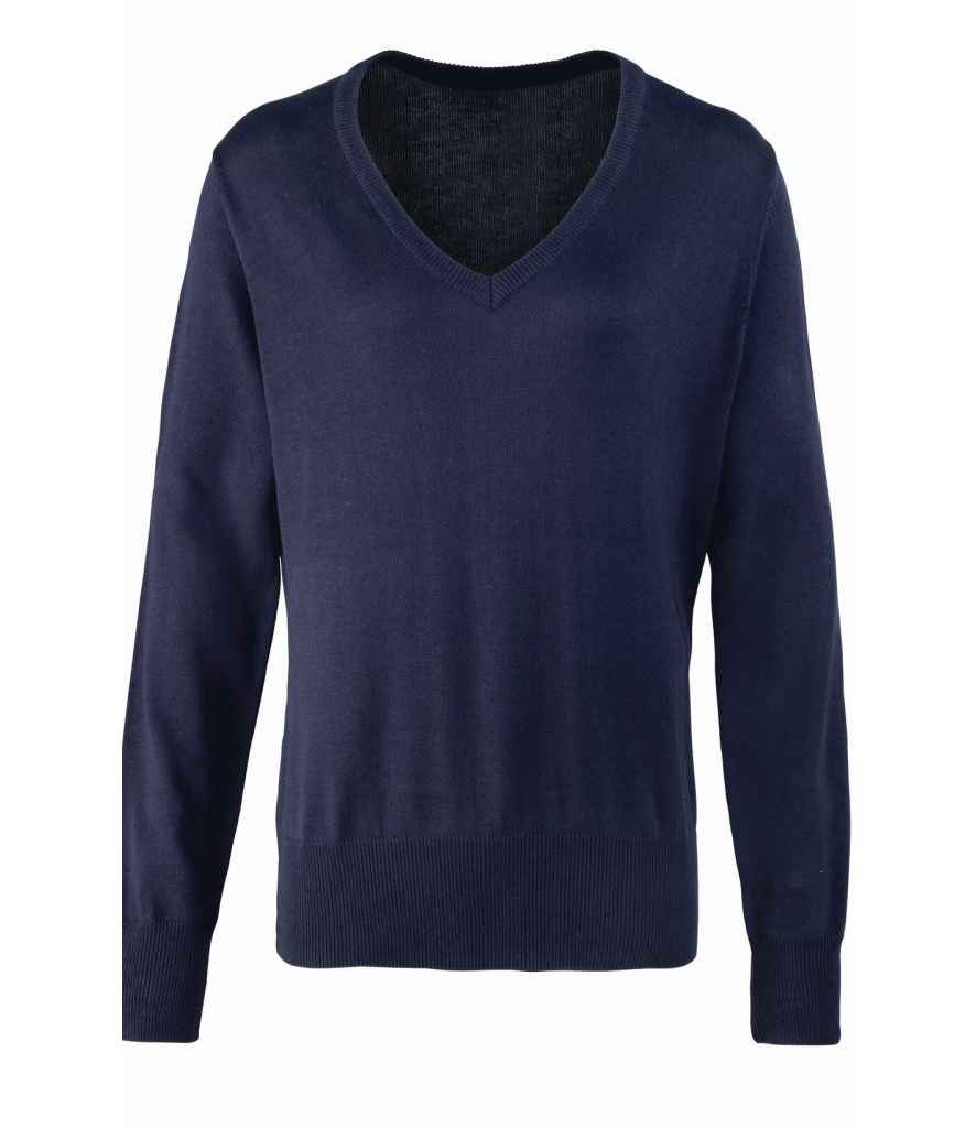 Premier Ladies Knitted Cotton Acrylic V Neck Sweater Navy