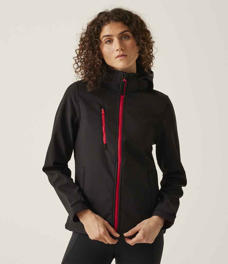 Regatta Ladies Venturer Three Layer Hooded Soft Shell Jacket | Black/Classic Red - Regatta Professional - Lancashire Teamwear