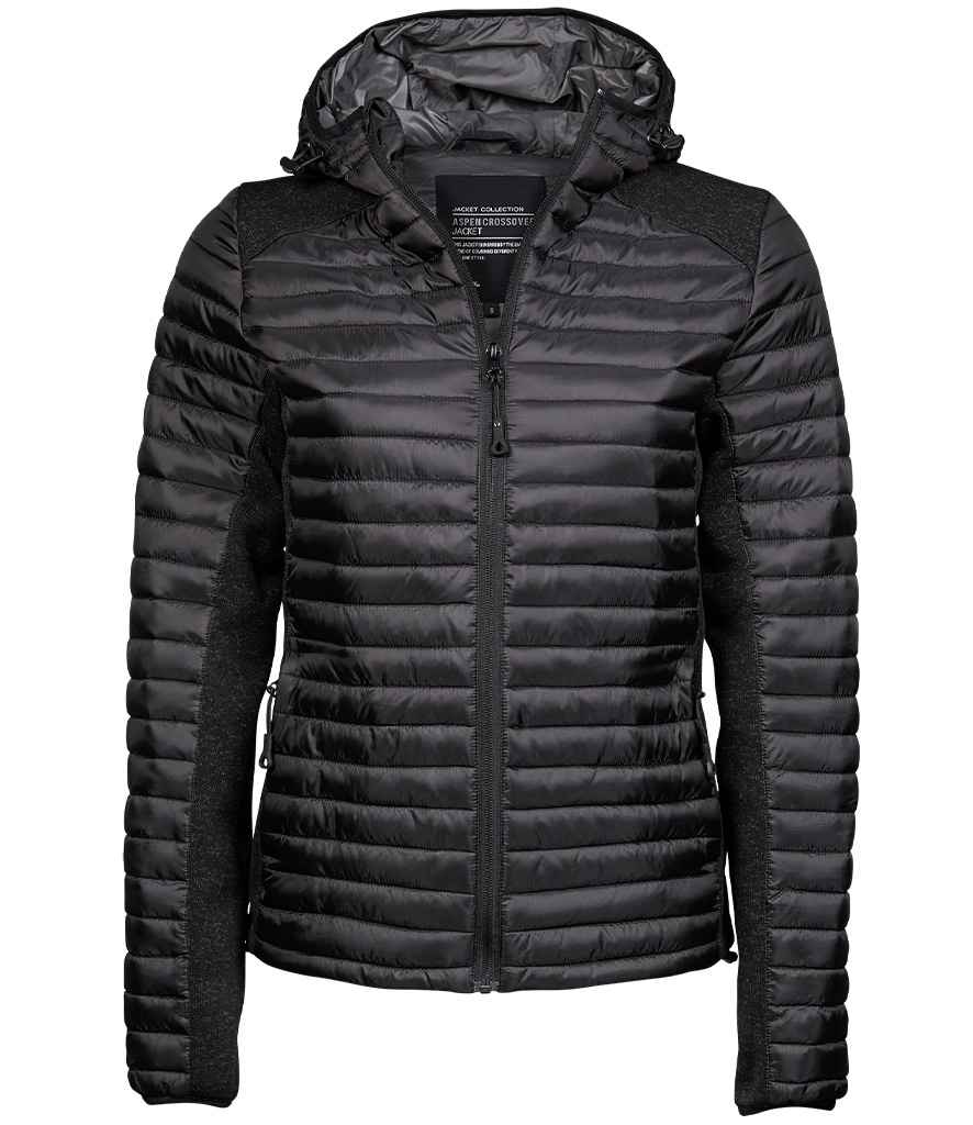 Tee Jays Ladies Crossover Hooded Padded Outdoor Jacket Black/Black Melange