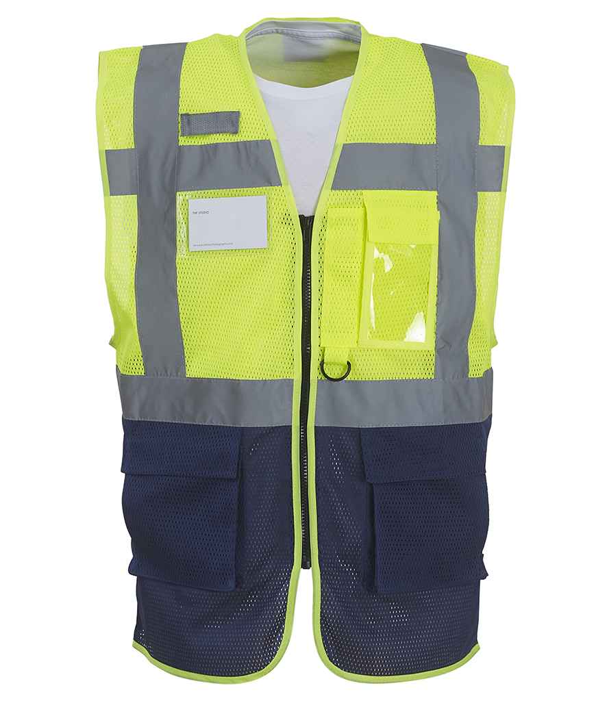 Yoko Hi-Vis Top Cool Open Mesh Executive Waistcoat | Yellow/Navy - Lancashire Teamwear