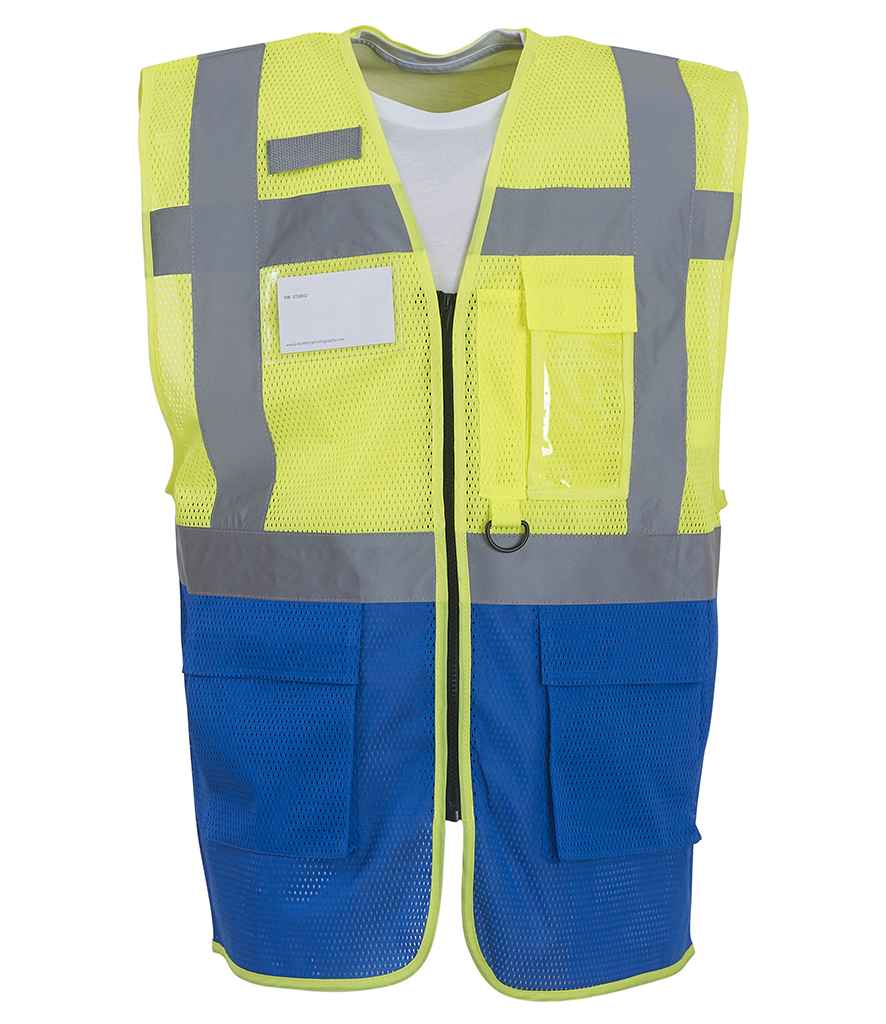 Yoko Hi-Vis Top Cool Open Mesh Executive Waistcoat | Yellow/Royal Blue - Lancashire Teamwear