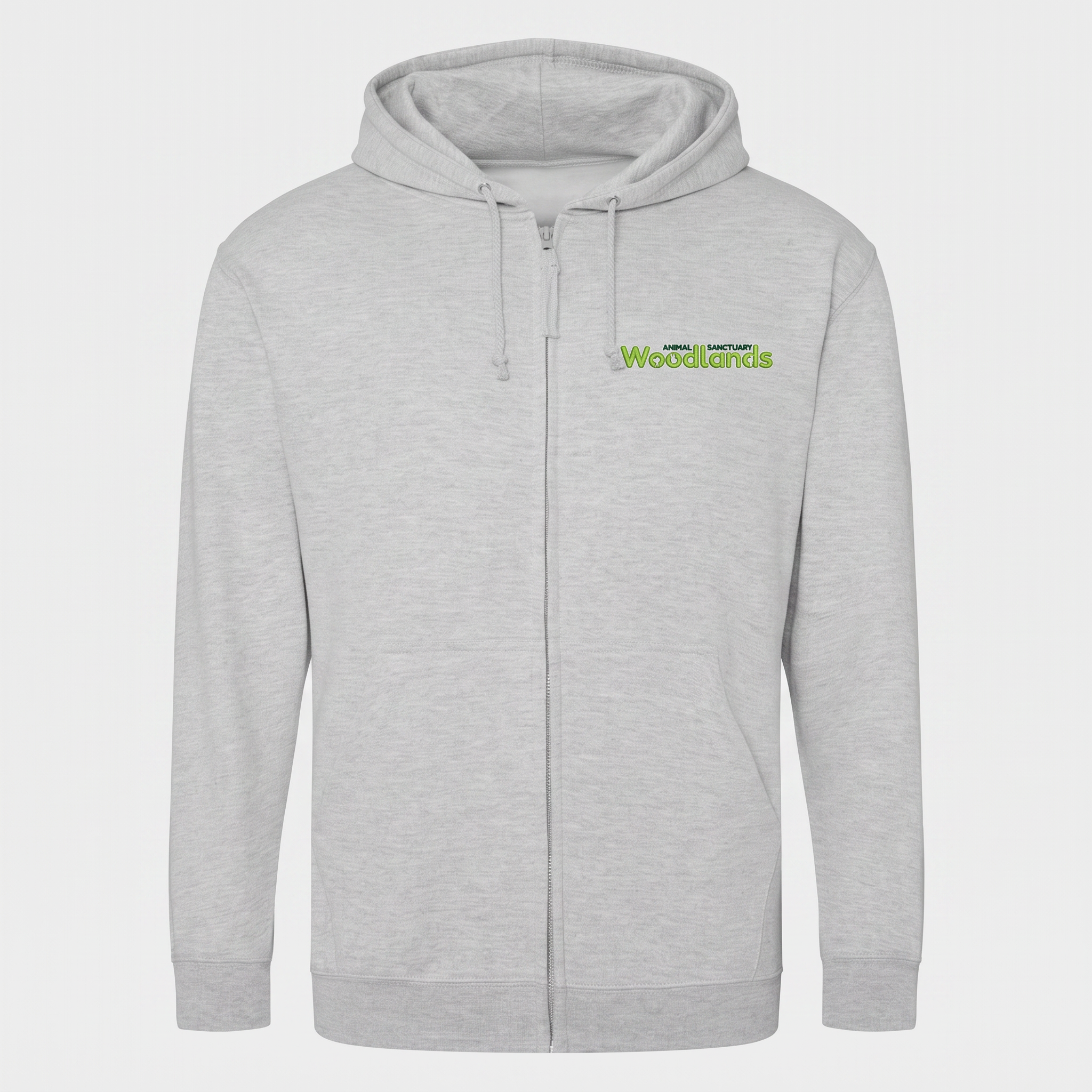 Woodlands Animal Sanctuary Volunteer Full Zip Hoodie in Heather Grey with embroidered left chest logo