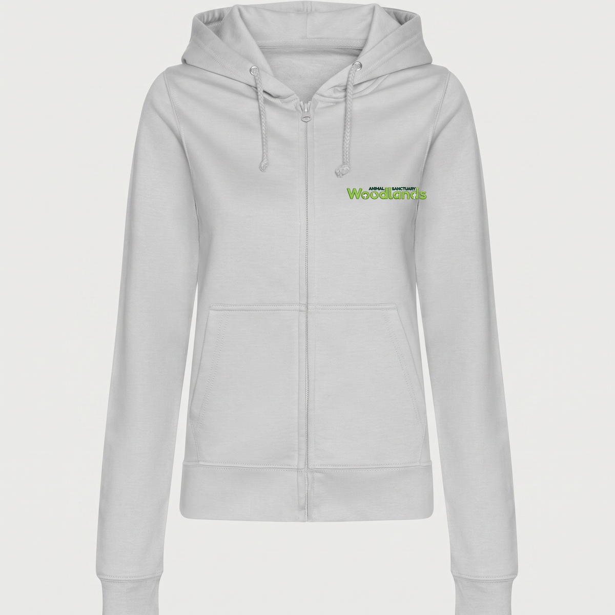 Woodlands Animal Sanctuary Volunteer Ladies Fitted Full Zip Hoodie in Heather Grey with embroidered left chest logo