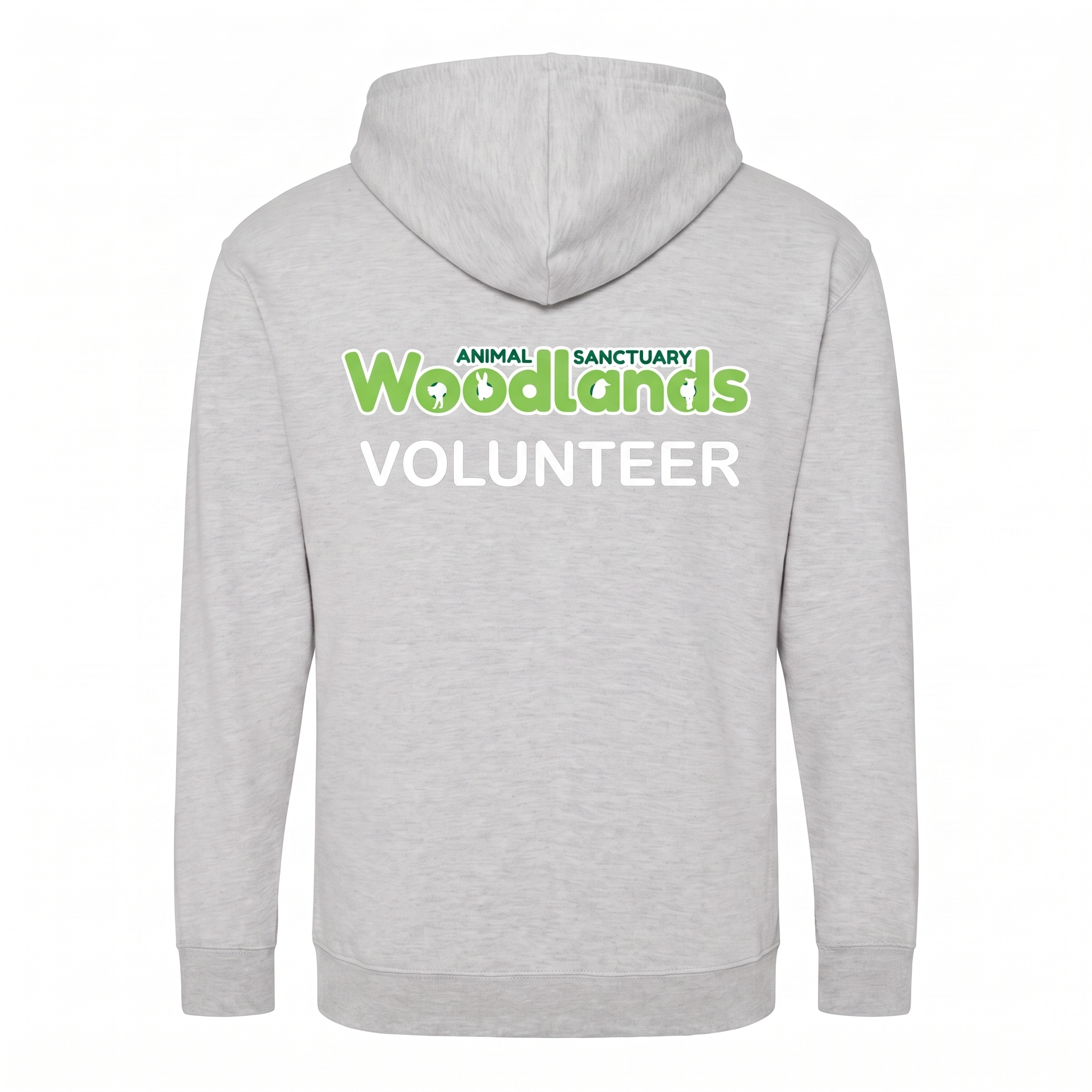 Woodlands Animal Sanctuary Volunteer Full Zip Hoodie in Heather Grey with printed back logo