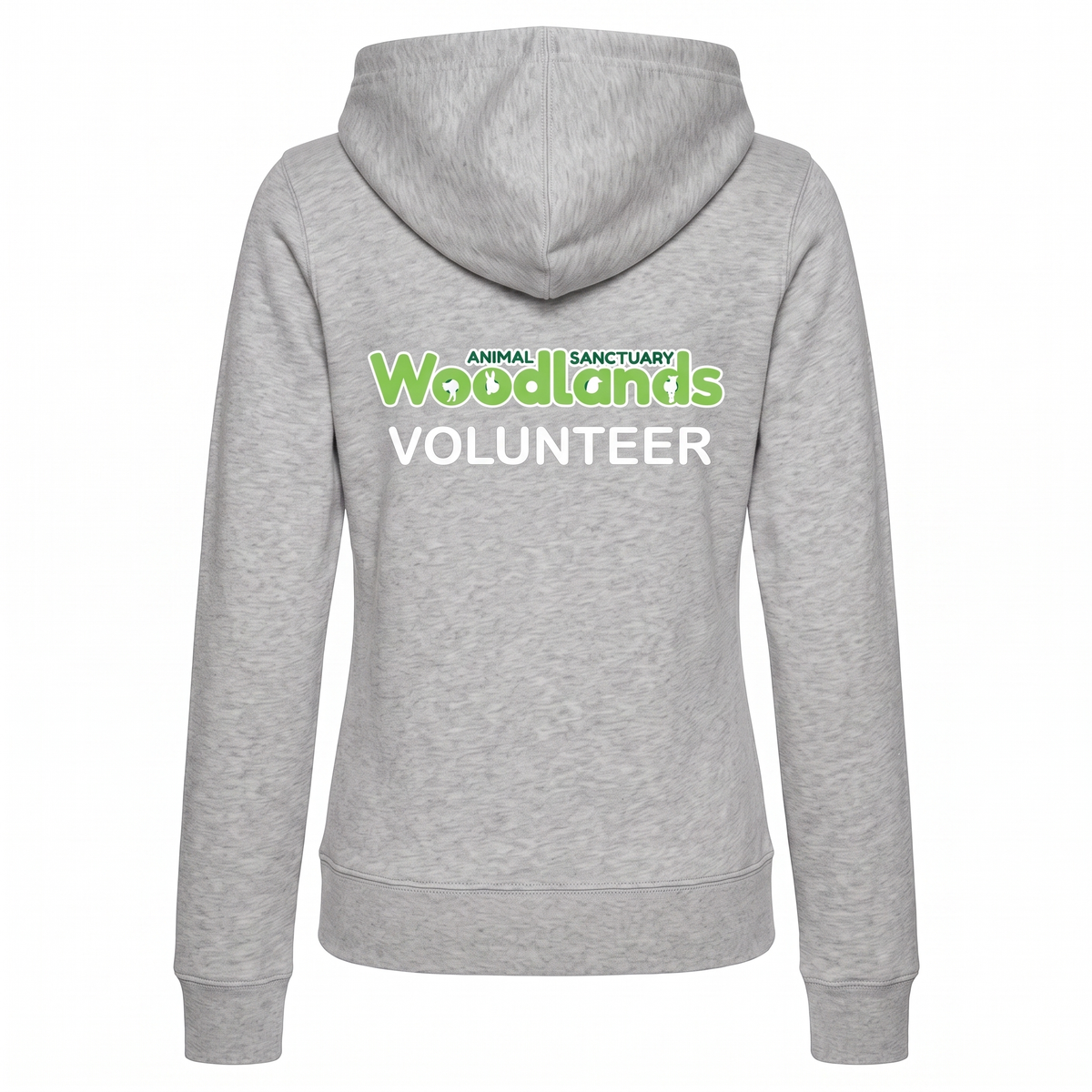 Woodlands Animal Sanctuary Volunteer Ladies Fitted Full Zip Hoodie in Heather Grey with printed back logo