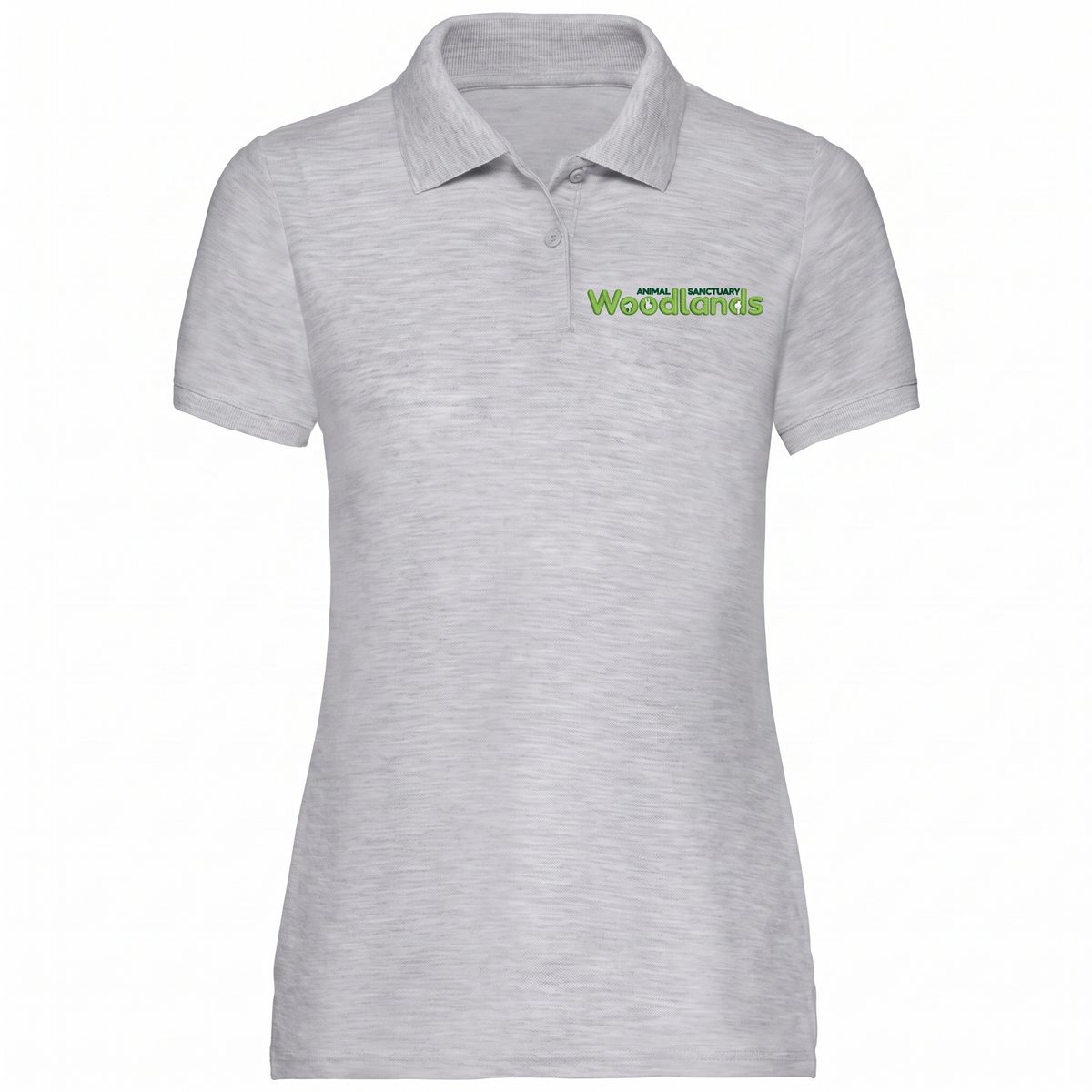 Woodlands Animal Sanctuary Volunteer Ladies Fitted Polo Shirt in Heather Grey with embroidered left chest logo