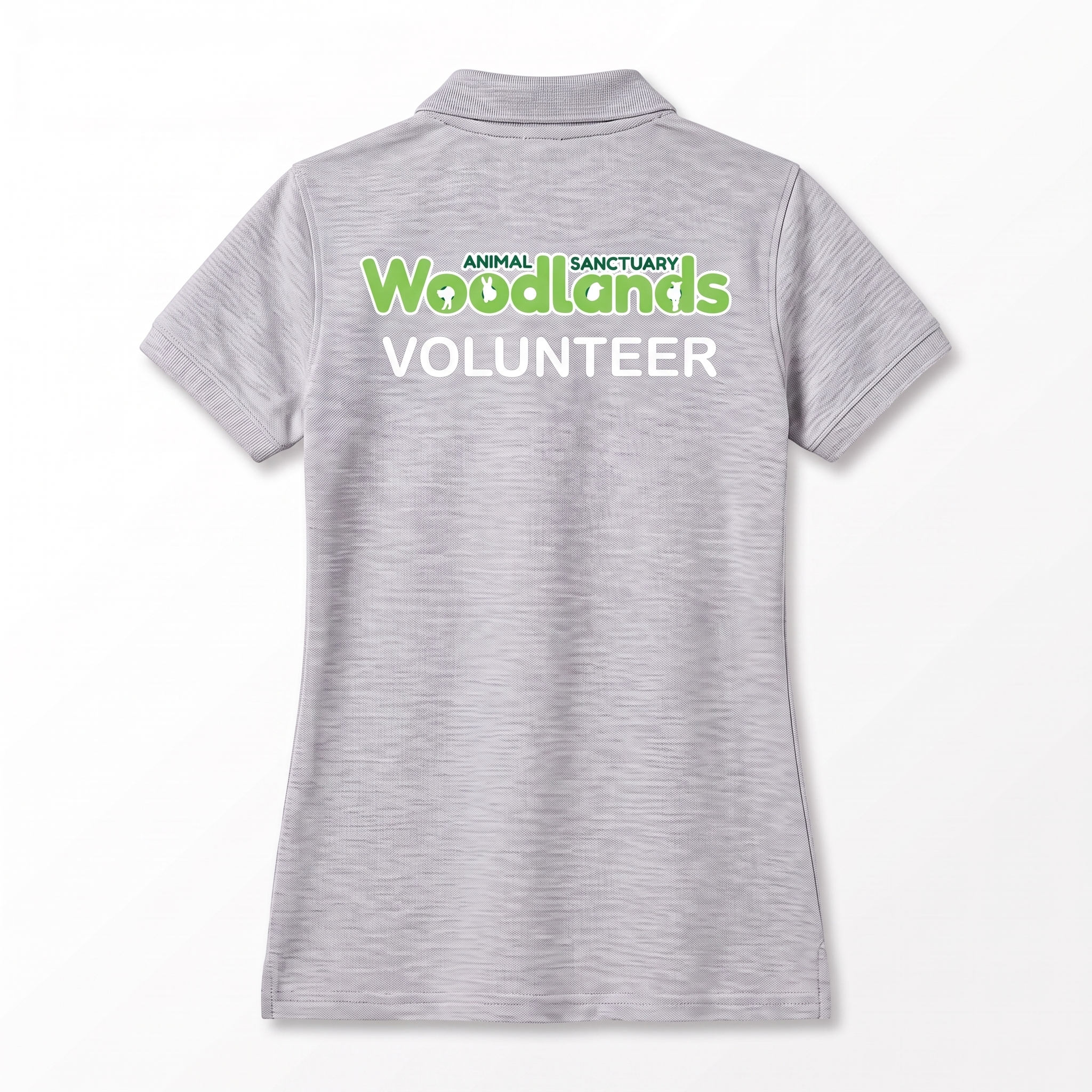 Woodlands Animal Sanctuary Volunteer Ladies Fitted Polo Shirt in Heather Grey with printed back logo