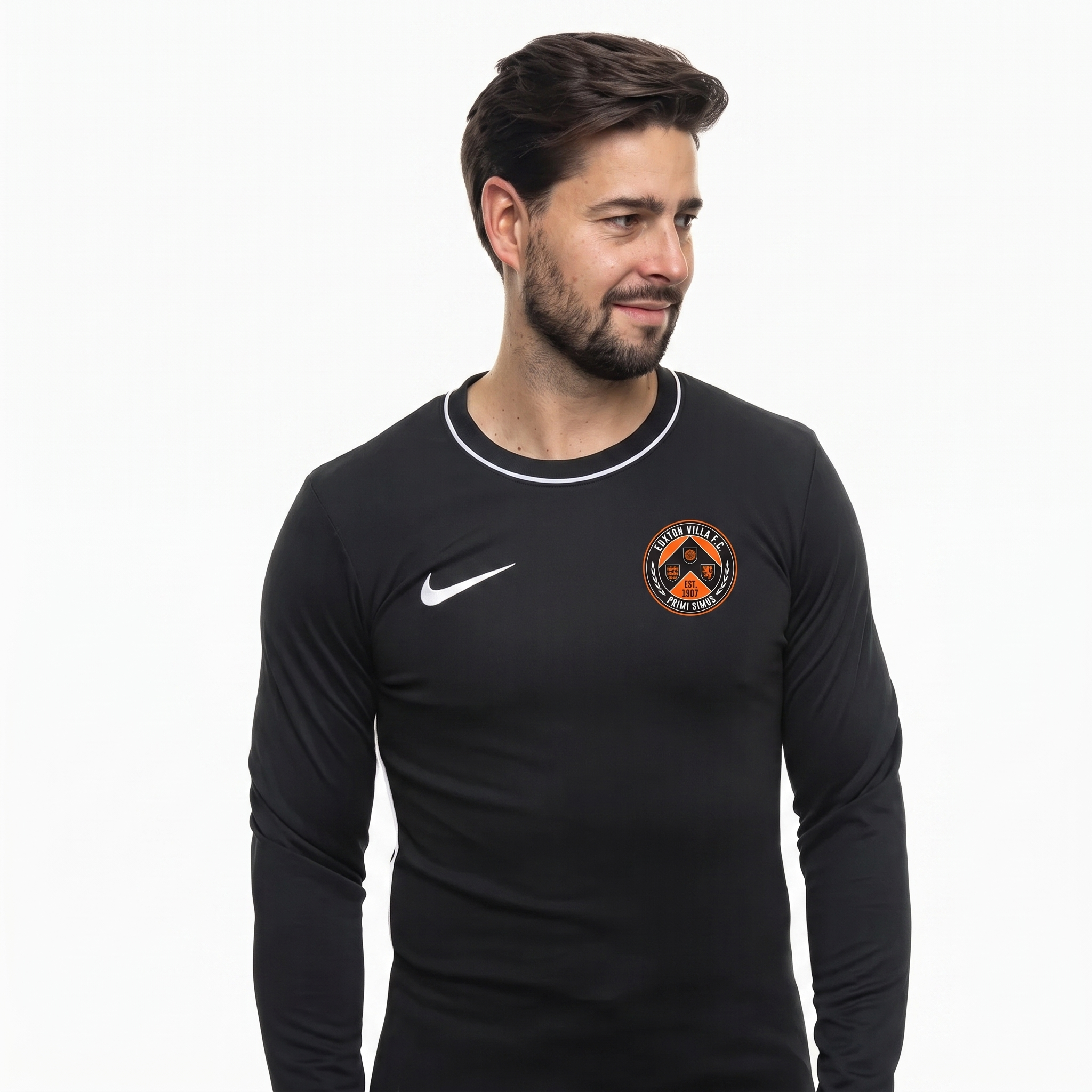 Euxton Villa FC Nike Park 26 Crew Top in Black (AI-generated product photo with embroidered club badge composite - zoom in and check crest lettering before publishing)