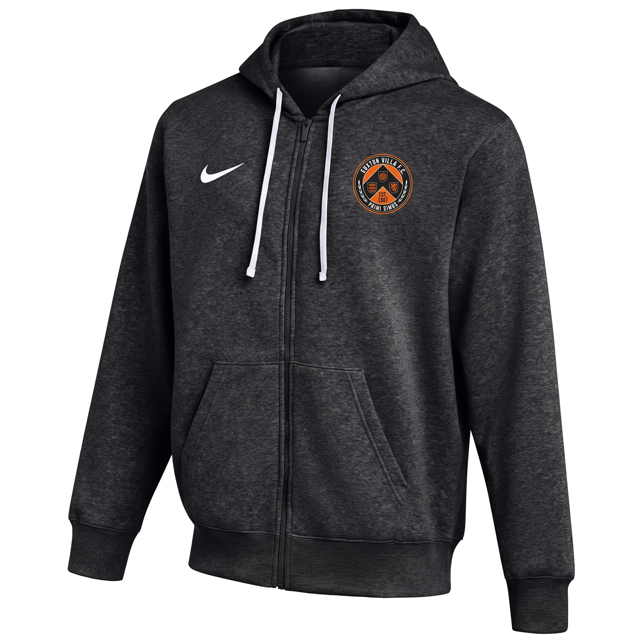 Euxton Villa FC Nike Park 26 Fleece Full-Zip Hoodie in Black (AI-generated product photo with embroidered club badge composite - zoom in and check crest lettering before publishing)