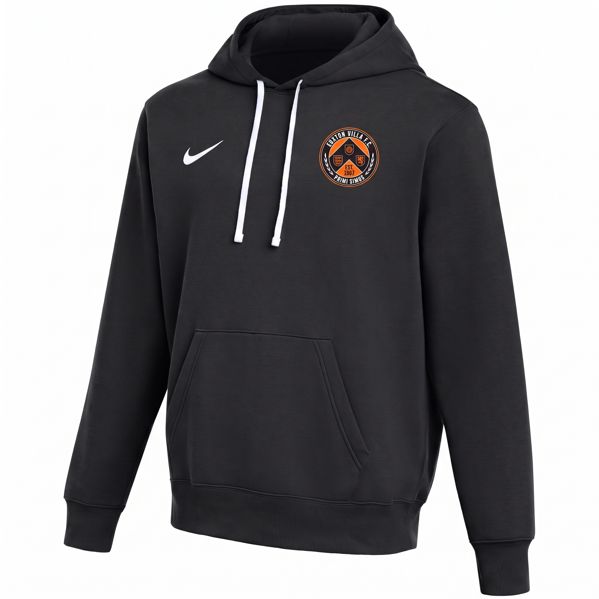 Euxton Villa FC Nike Park 26 Fleece Pull Over Hoodie in Black (AI-generated product photo with embroidered club badge composite - zoom in and check crest lettering before publishing)