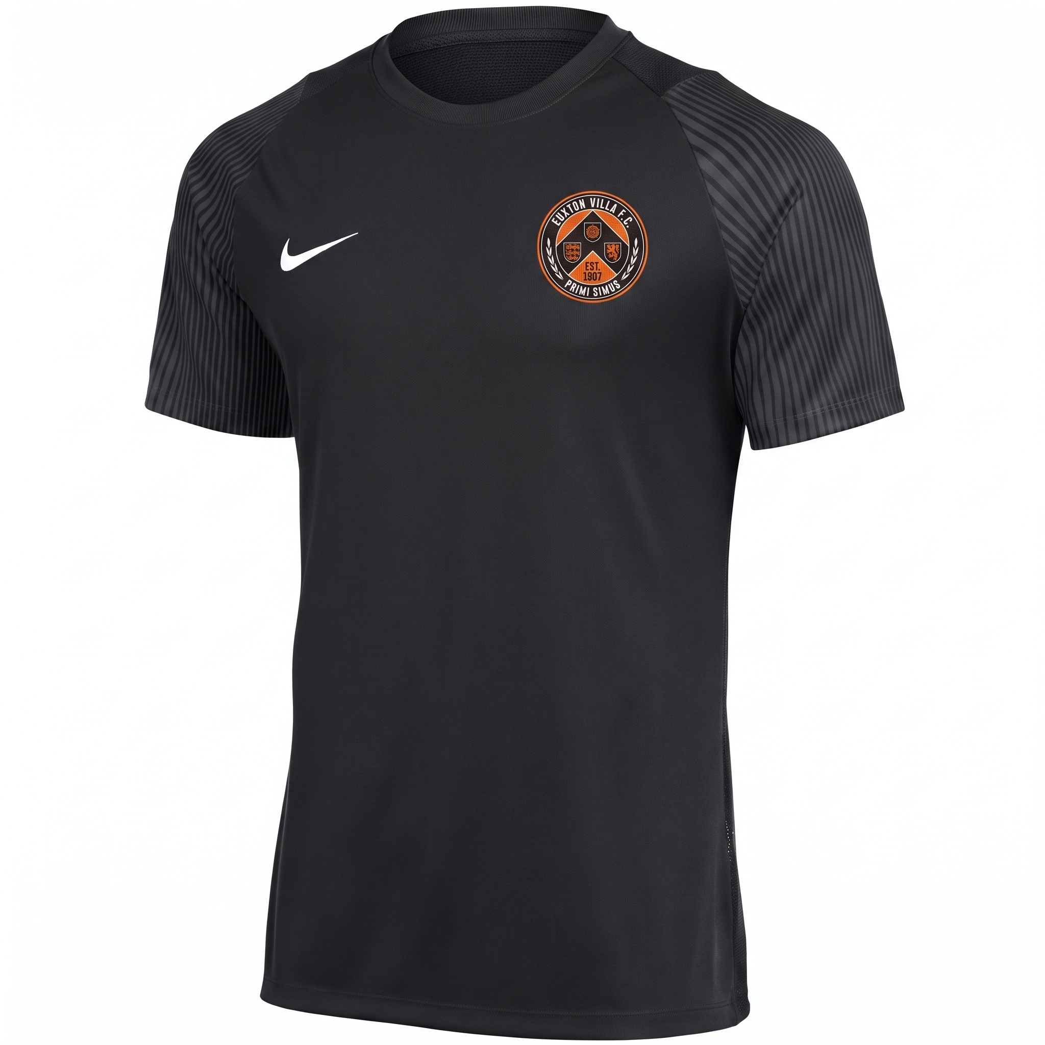 Euxton Villa FC Nike Academy II Jersey in Black (AI-generated product photo with embroidered club badge composite - zoom in and check crest lettering before publishing)