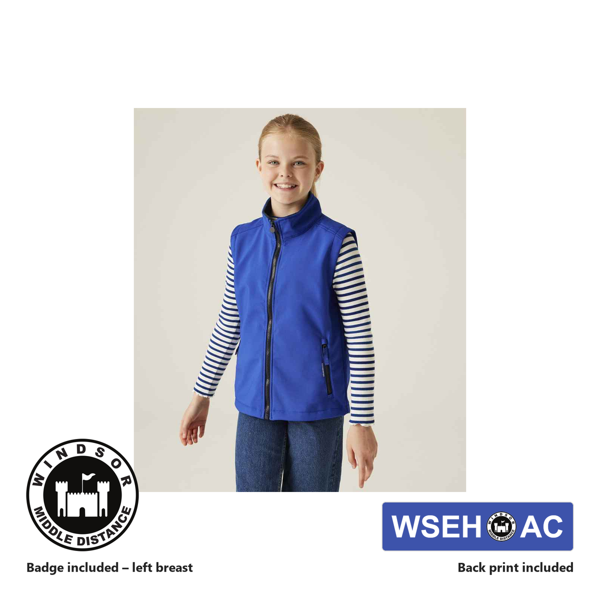 Windsor Middle Distance Regatta Professional Kids Soft Shell Bodywarmer in New Royal Blue / Navy, club badge included on the left breast, WSEH AC back print included