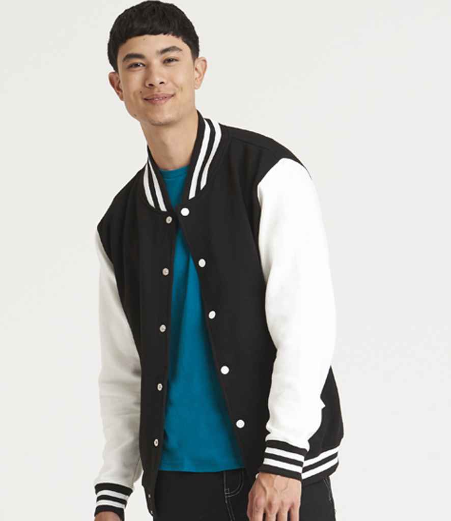 AWDis Varsity Jacket | Jet Black/White - Just Hoods - Lancashire Teamwear