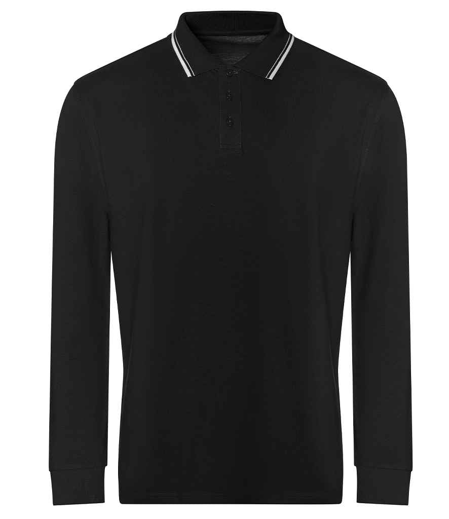 AWDis Long Sleeve Tipped 100 Polo Shirt Deep Black/White