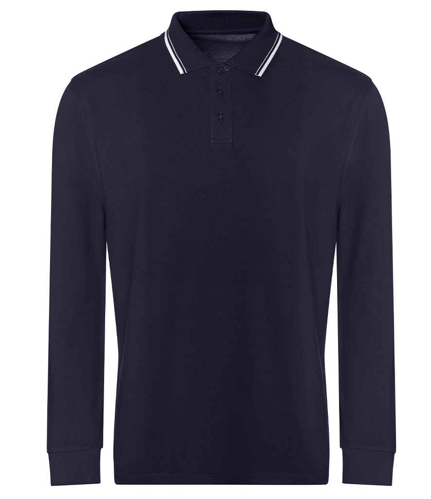 AWDis Long Sleeve Tipped 100 Polo Shirt Oxford Navy/White