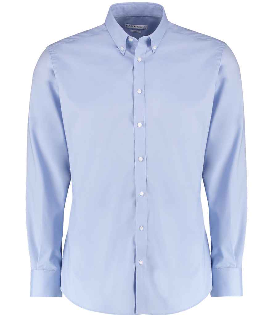 Kustom Kit Slim Fit Stretch Long Sleeve Oxford Shirt Light Blue