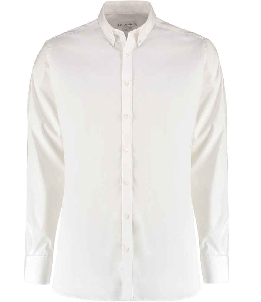 Kustom Kit Slim Fit Stretch Long Sleeve Oxford Shirt White