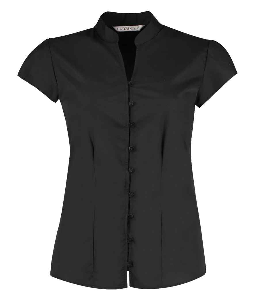 Kustom Kit Ladies Cap Sleeve V Neck Tailored Continental Blouse Black