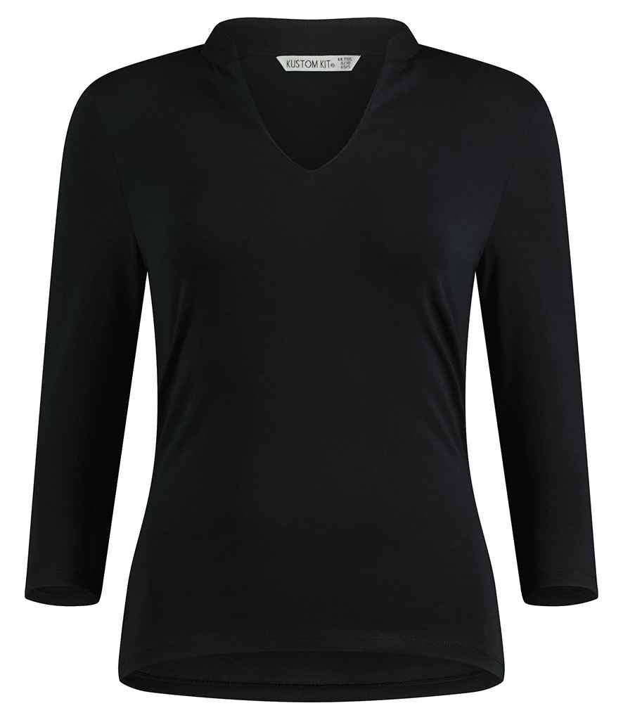 Kustom Kit Ladies 3/4 Sleeve Mandarin Collar Top Black