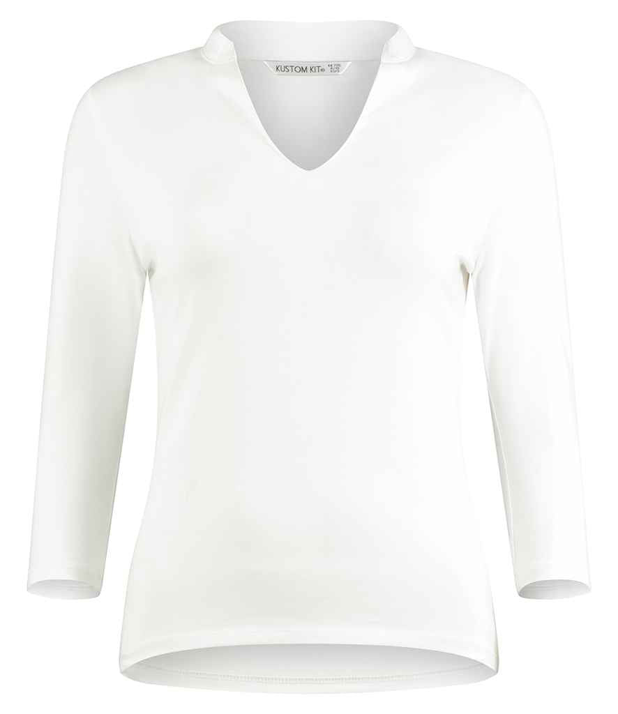 Kustom Kit Ladies 3/4 Sleeve Mandarin Collar Top White