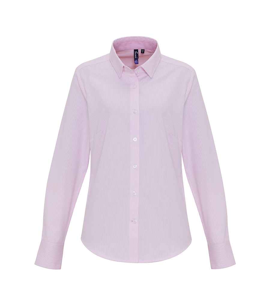 Premier Ladies Long Sleeve Striped Oxford Shirt White/Pink