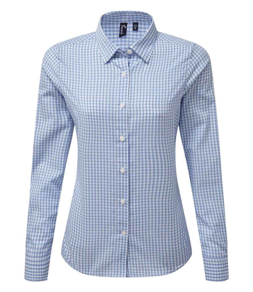 Premier Ladies Maxton Check Long Sleeve Shirt Light Blue/White
