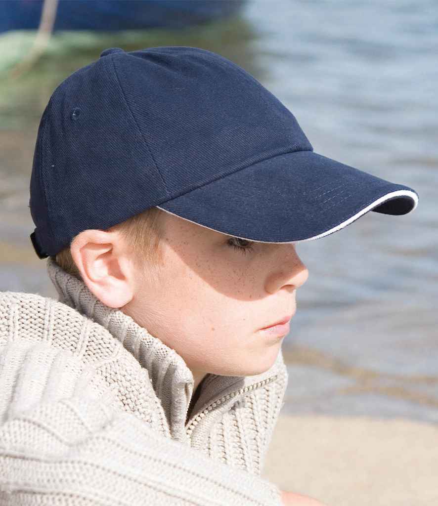 Result Kids Low Profile Heavy Brushed Cotton Cap with Sandwich Peak | Navy/White - Result Headwear Headwear - Lancashire T...