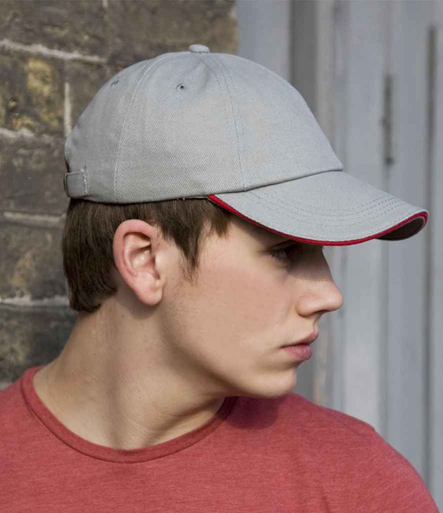 Result Low Profile Heavy Brushed Cotton Cap with Sandwich Peak | Grey/Red - Result Headwear Headwear - Lancashire Teamwear